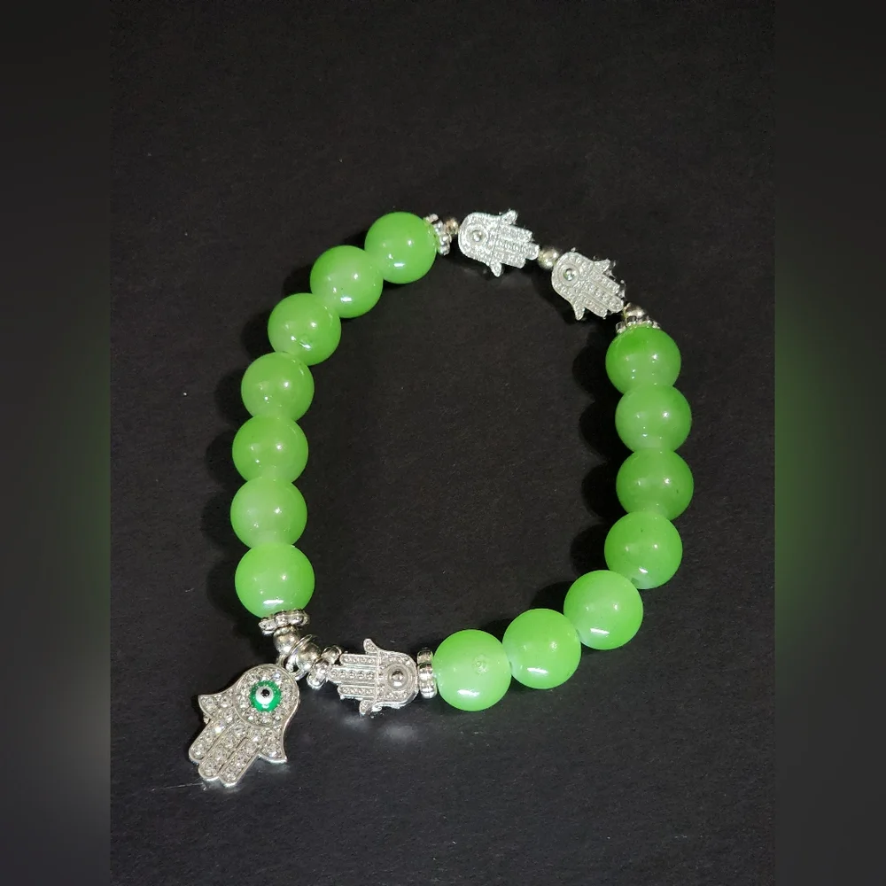 Neon Green Glass Beaded Hamsa Stretch Bracelet